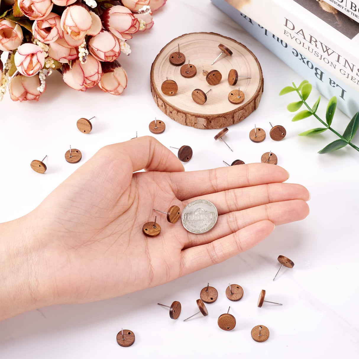 Pandahall 50pcs Walnut Wood Flat Round Earring Stud 10mm Natural Wooden Earring Stud with 316 Stainless Steel Findings for DIY Earrings Making, Hole: 1.6mm PH PandaHall