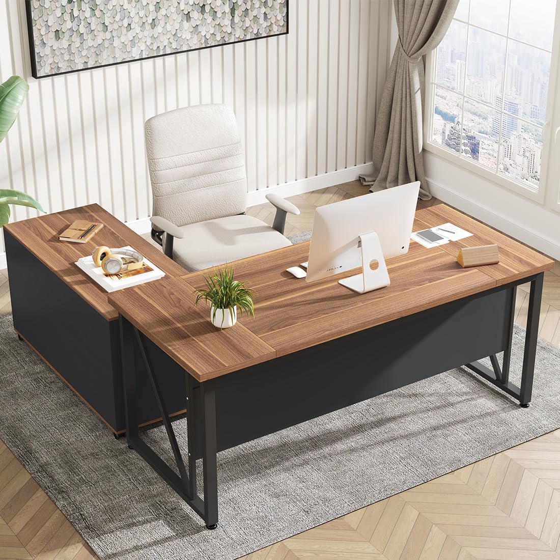 Tribesigns 63 inches Executive Desk and 47" lateral File Cabinet, L-Shaped Computer Desk Home Office Business Furniture with Drawers and Storage Shelves, Office Table,Brown and Black Tribesigns