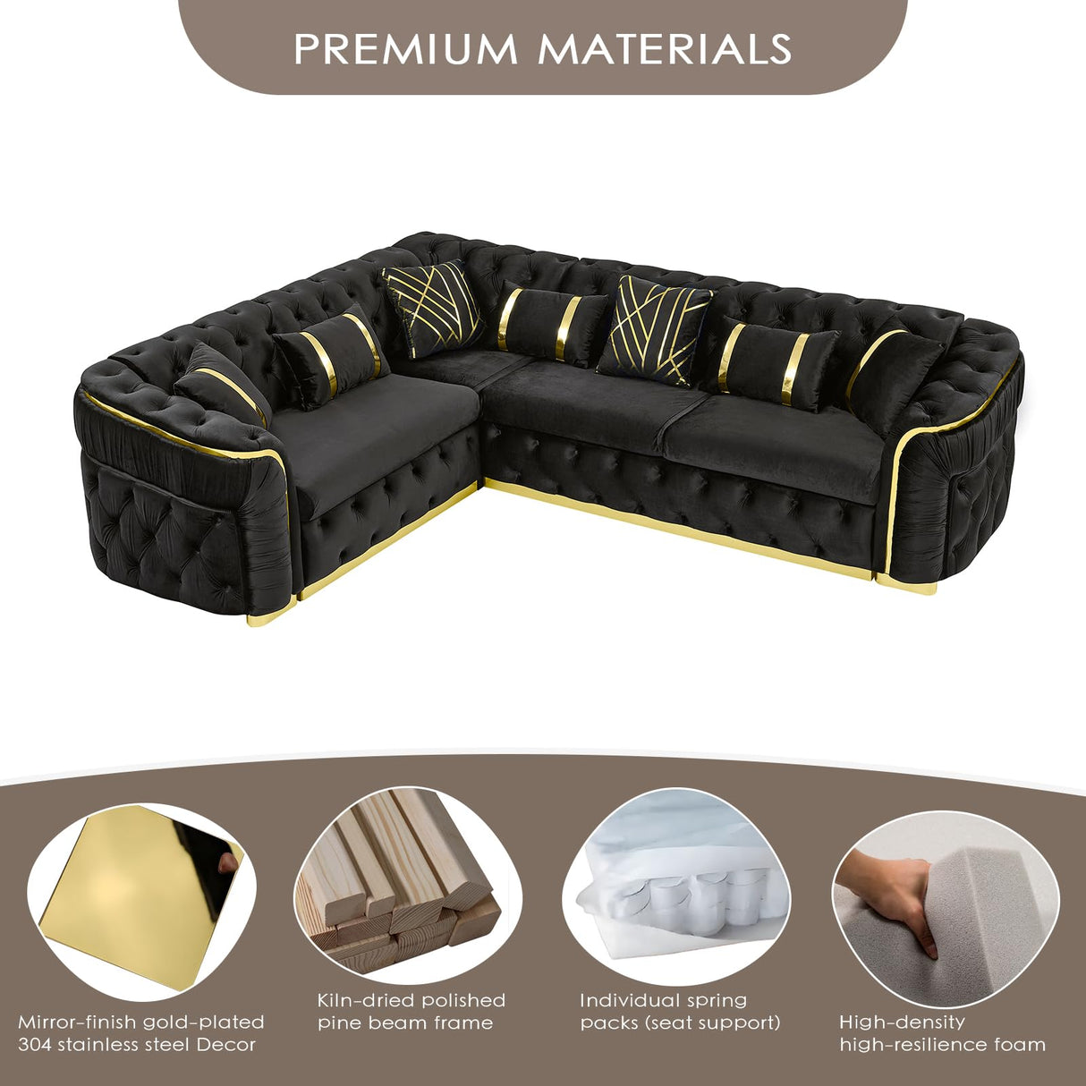 110.5" Luxury Velvet L Shape Chesterfield Sofa Set with Glod Metal Accents, Oversize Victorian Curved Arm Sofa Sectional Couches for Living Room with 7 Pillows, Left Chaise, Black WIN FORCE