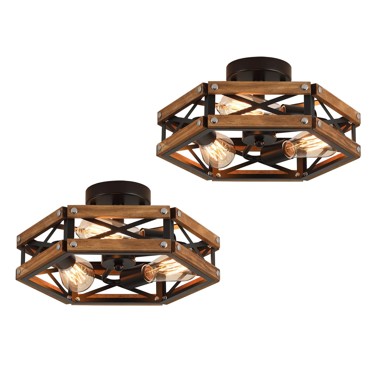 2 Pack 3-Light Rustic Farmhouse Wood Flush Mount Ceiling Light Fixture Oak Wood and Metal Cage Semi Flush Mount Ceiling Light for Hallway Hall Entry Bedroom Kitchen Farmhouse, Black RKUCSR
