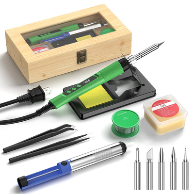 Soldering Iron Kit, 190W Soldering Gun, 110V LED Solder Kit for Electronics, Adjustable Temperature 356-932℉, Includes Solder Wire, Sucker, Tips, Stand, Tweezers, Paste and Solid Wood Box, Army Green