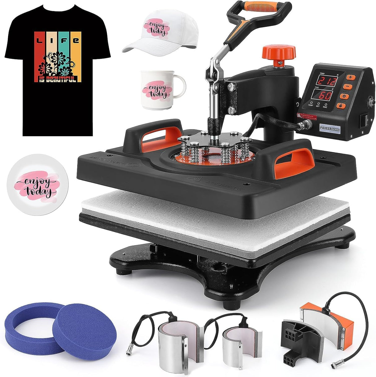 PioneerWorks Heat Press Machine 6 in 1 Professional Sublimation Machine 12" X 15", 360° Swing Away Heat Transfer Machine Digital Shirt Pressing Machine for Tshirt,Hat,Mug,Plate, Orange PioneerWorks