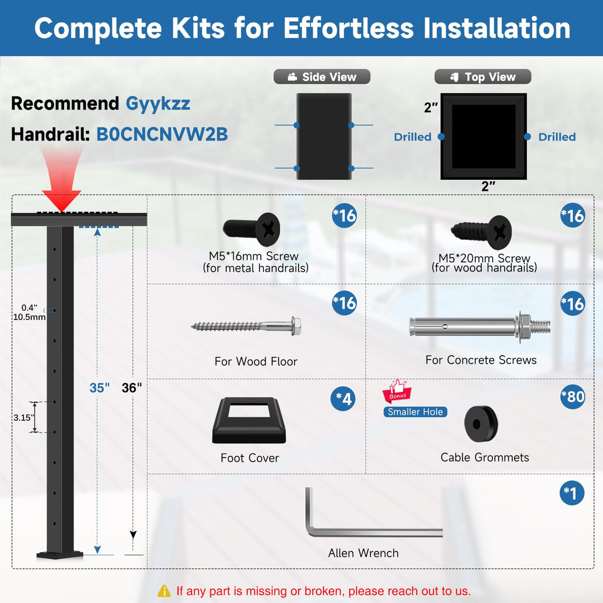 Gyykzz 4 Pack Cable Railing Post 36Inch, Level Drilled Railing Post with Flat Design Silicon Rings, Stainless Steel Horizontal Hole Deck Wire Railing Posts, Black Flat Top Metal Post (No Handrail) Gyykzz