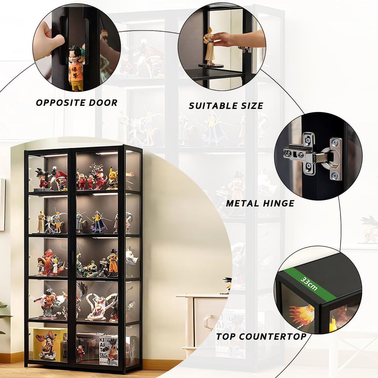 ouioyggk Display Cabinet with Acrylic Glass Door, 5-Tier Curio Display Case, Collectibles Toy Organizers Rack & Display Shelf, Kids Bookcase for Home, Office, Playroom, Living Room, Black ouioyggk