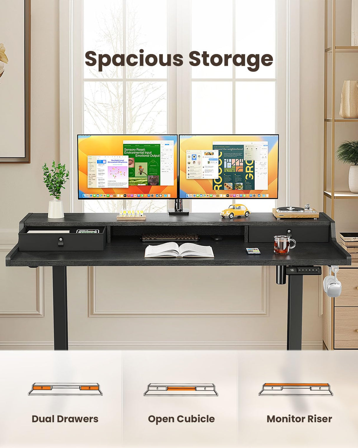 ErGear Electric Standing Desk with Drawers, 55″ x 28″ Gaming Desk with Monitor Stand, C-Clamp Mount Compatible, Home Office Height-Adjustable Desk with Storage Shelf, 4 Preset Heights, Black, EGESD37B ErGear