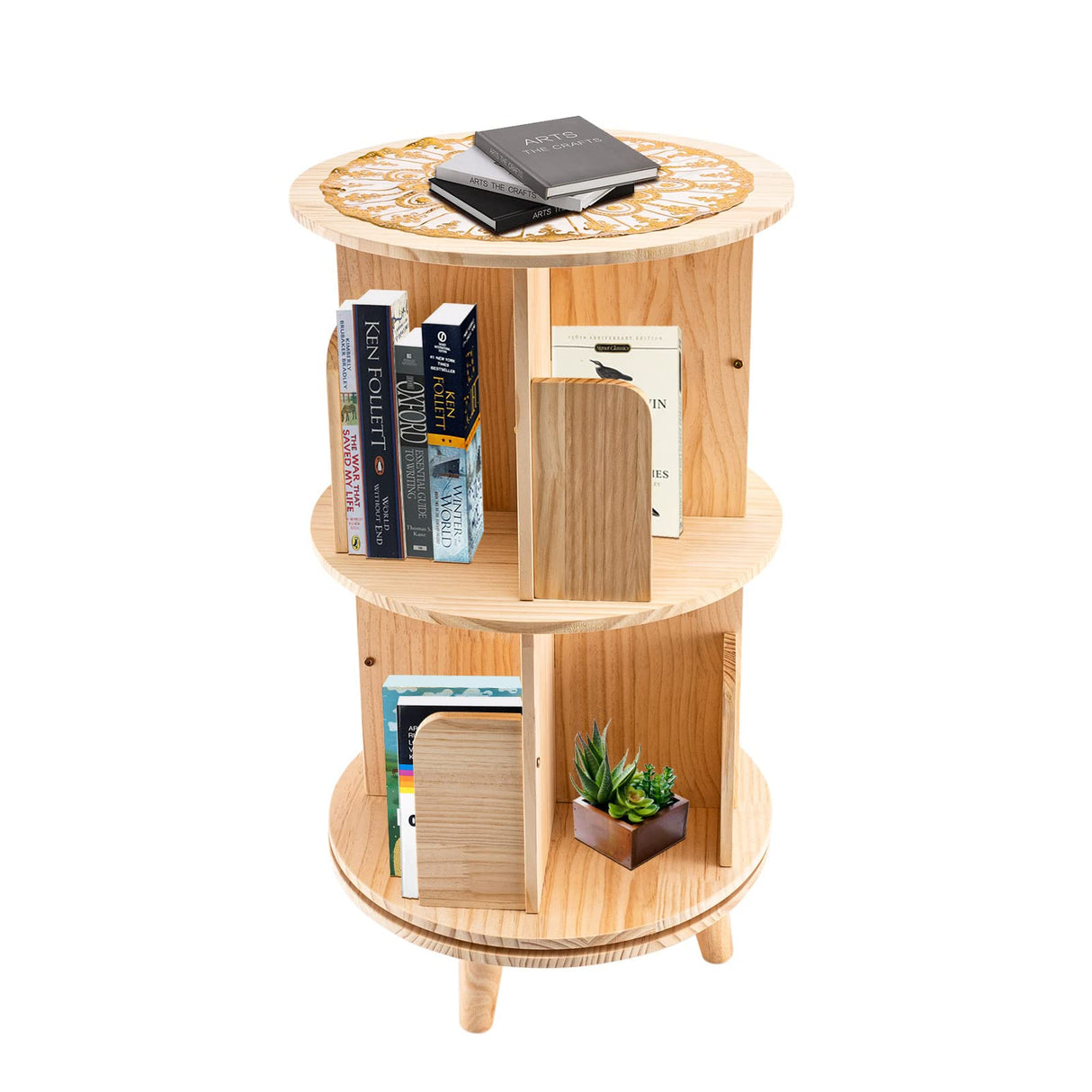 Freestanding 360° Rotating 2-Tier Wooden Bookshelf for Small Spaces TdiriNar