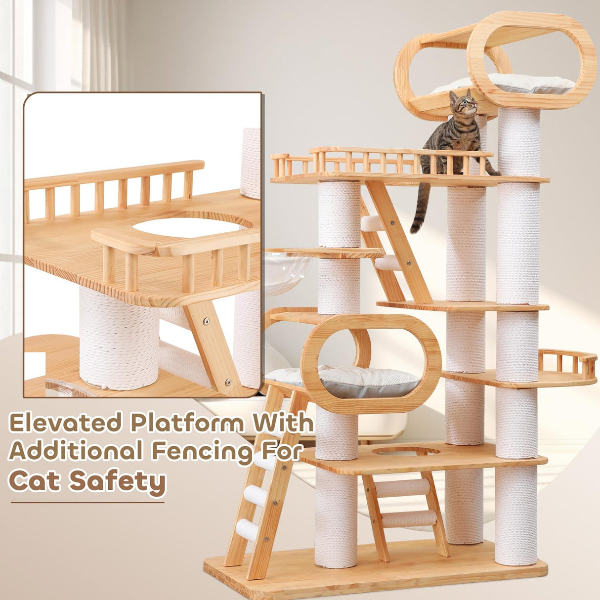 76.8'' Tall Modern Large Cat Tree,Multi-Level Wood Cat Tower for Indoor Cats Large Adults,Luxury Heavy Duty Cat Condo with Cushion,Scratching Posts,Clear Hammock Activity for Maine Coon Big Fat Cats COUNER