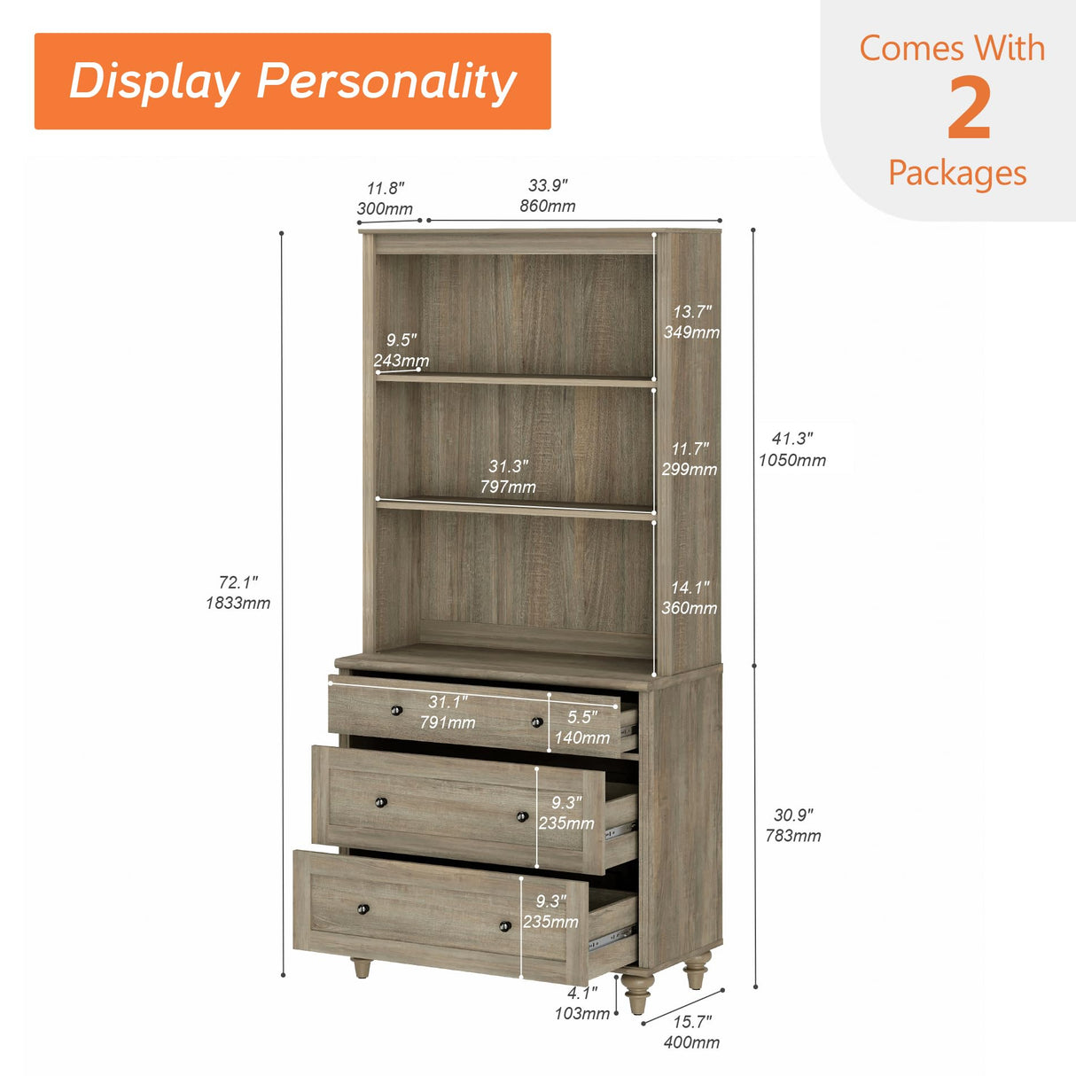 WAMPAT 72" Tall Bookcase Large Display Book Case Shelf with 3-Tier Open Book Shelfs, 3 Tier Farmhouse Style Bookshelf with 3 Drawers, Wood Bookshelves for Living Room or Study Room, Wash Grey WAMPAT