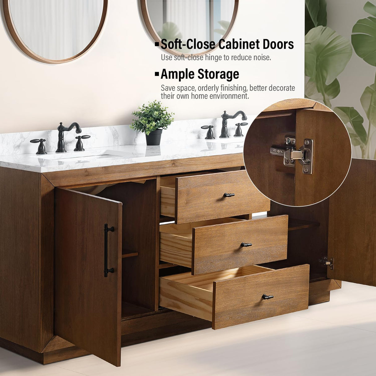 Vanity Art 72 inch Double Sink Bathroom Vanity, Modern Wood Bath Vanity with Carrara Marble Top, Vanity Cabinet with Doors, Removable Shelf, Solid Wood Frame, Tan, VA7072DE Vanity Art