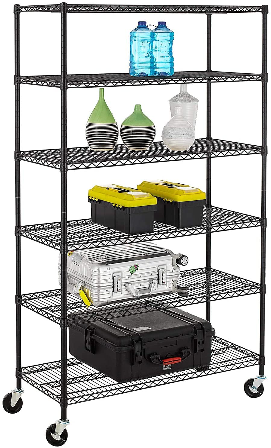 FDW 48" L×18" W×76" H Wire Shelving Unit Metal Shelf with 6 Tier Casters Adjustable Layer Rack Strong Steel for Restaurant Garage Pantry Kitchen Garage,Black FDW