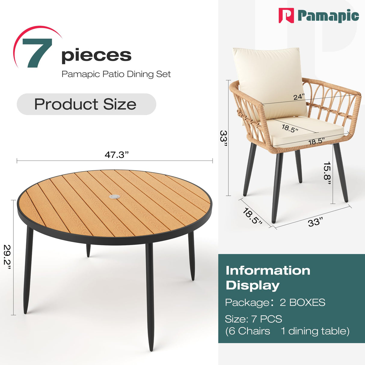 Pamapic 7 Pieces Outdoor Dining Set,All-Weather PE Rattan Patio Dining Sets with Wood Table Top, Outdoor Table and Chairs for 6 with Removable Cushion for Lawn Garden Patio, Cream Pamapic