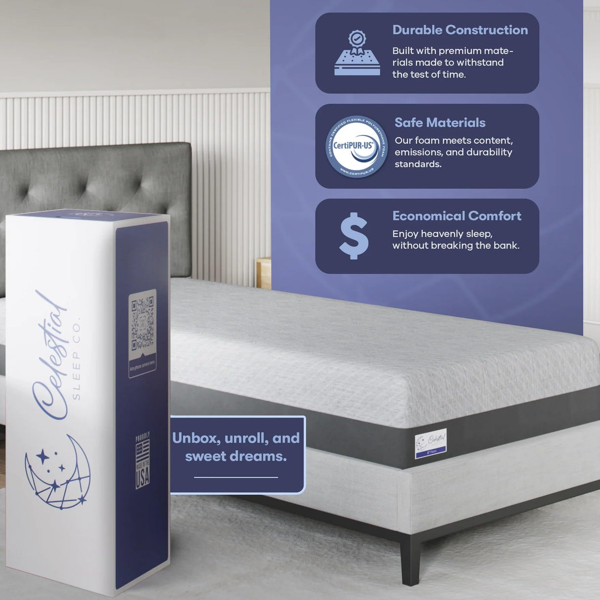 Celestial Sleep Gel Memory Foam Mattress in a Box, Made in The USA, CertiPUR-US Bed, 8 inch Firm - Twin Celestial Sleep