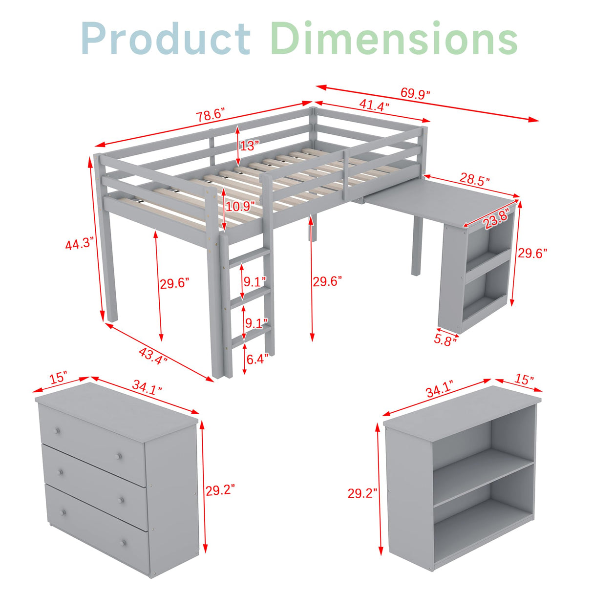 Low Loft Bed with Storage & Rolling Out Desk, Kids Twin Size Loft Beds with Bookcase & Drawers, Rubber Wood Junior Lofts Bed with Dresser/Shelves/Ladder/Guardrails for Boys Girls Teens, Gray Duxelifin