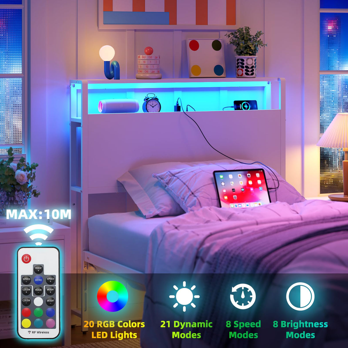 Merronix Twin Sized Headboard with 2 Tiers Storage Shelves, Sturdy and Stable Headboard with Charging Station, USB Ports and LED Light for Twin Bed Frames,White Merronix