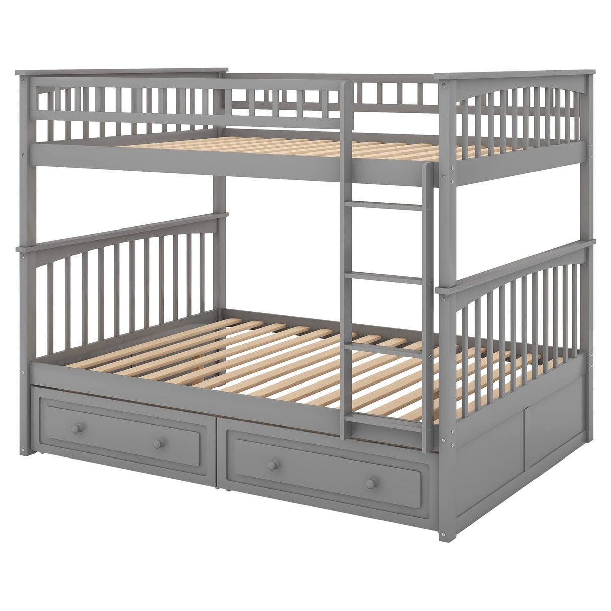 FAROUCHE Full Over Full Bunk Bed with 2 Storage Drawers, Sturdy Solid Wood Bunk Bed Frame with Ladder and Guardrails, Can be Convertible into 2 Platform Bed, Easy Assembly, Grey FAROUCHE