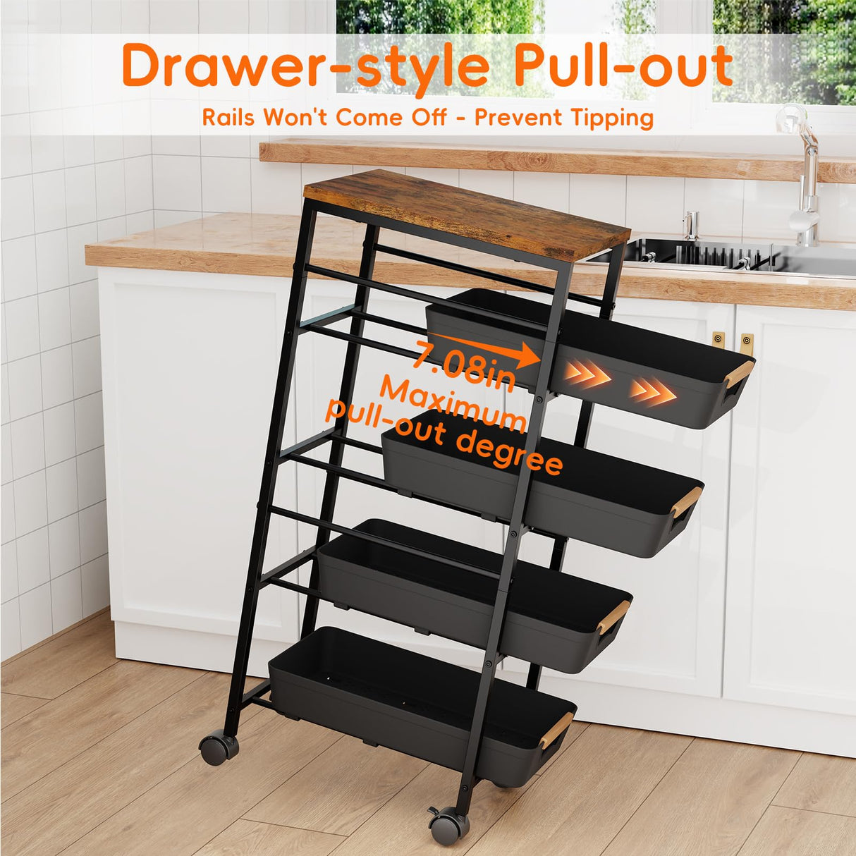 Landmok 5-Tier Slim Storage Cart, Wooden Top Rolling Kitchen Cart with Pull-Out Baskets & Wheels, Narrow Space Utility Cart Slide Out Organizer for Kitchen, Bathroom, Laundry Room, Black Landmok