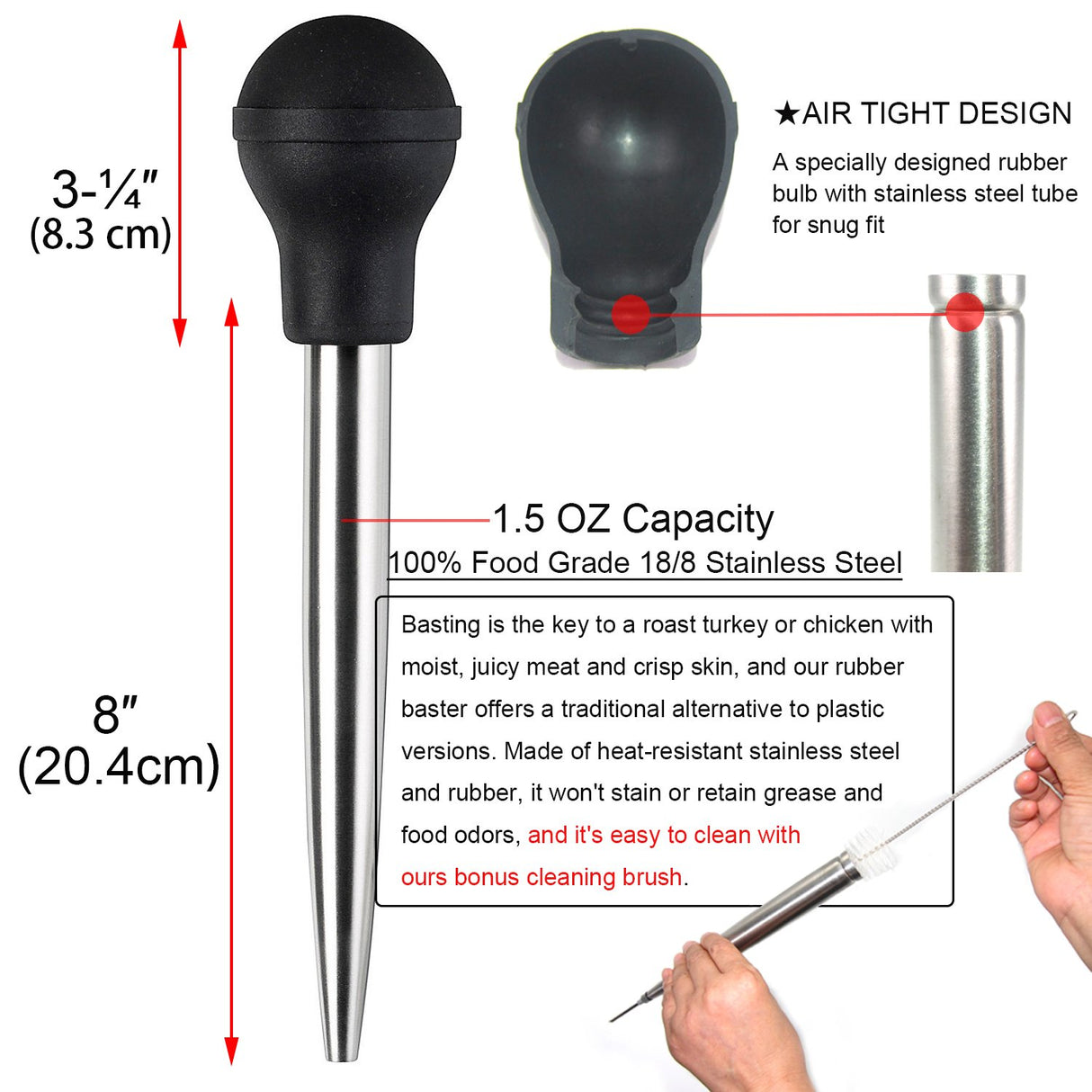 KAYCROWN Stainless Steel Turkey Baster Commercial Grade Quality Rubber Bulb Including 2 Marinade Injector Needles and Brush for Easy Clean Up KAYCROWN