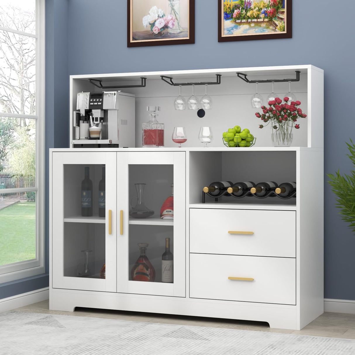 Auromie Wine Bar Cabinet with LED Light, Home Coffee Cabinet with Wine and Glass Rack, Kitchen Buffet Sideboard with Storage Cabinet&Drawers, Modern Liquor Cabinet for Living Room Dining Room (White) Auromie