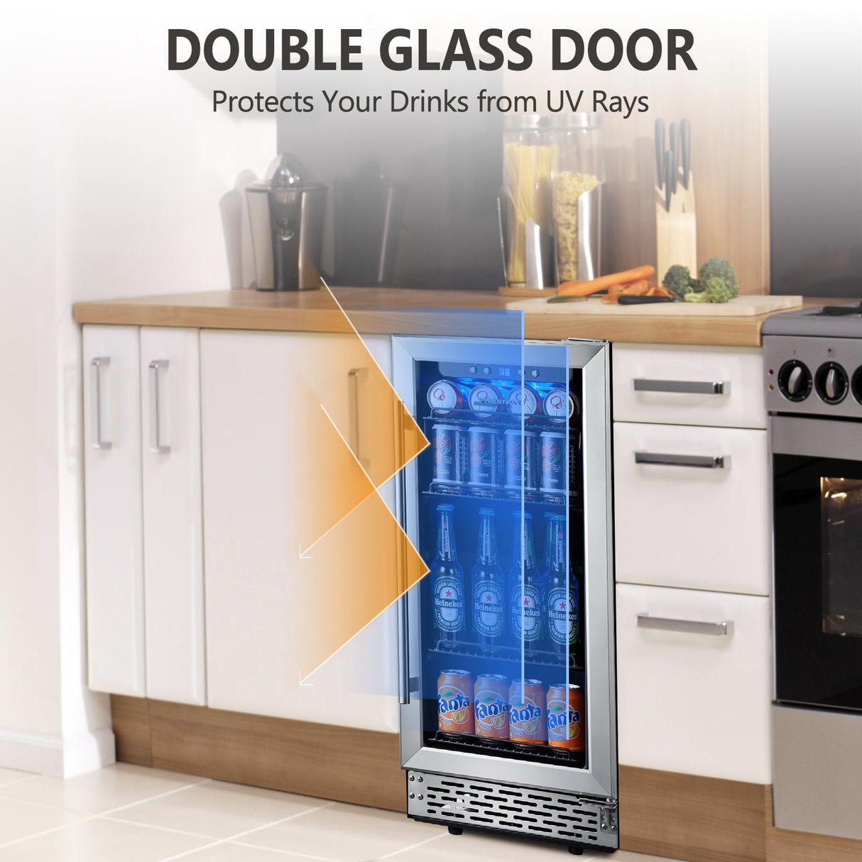 Beverage Refrigerator, Phiestina15 Inch 96 Cans Beverage Cooler Small Wine Fridge Built-in or Freestanding with Auto Defrost,Glass Door & Removable Shelves for Drink Sodas Beer Wine Phiestina