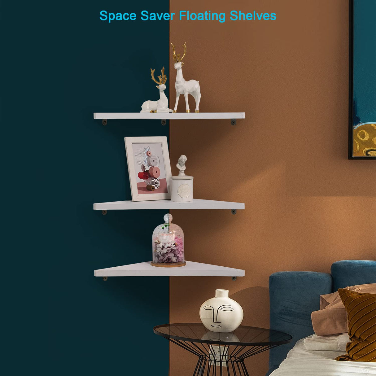 Joiishom Corner Wall Shelf Set of 3, Floating Corner Shelves for Wall, Rustic Wood Wall Storage Display Shelves for Living Room Bedroom Bathroom Kitchen (White) Joiishom