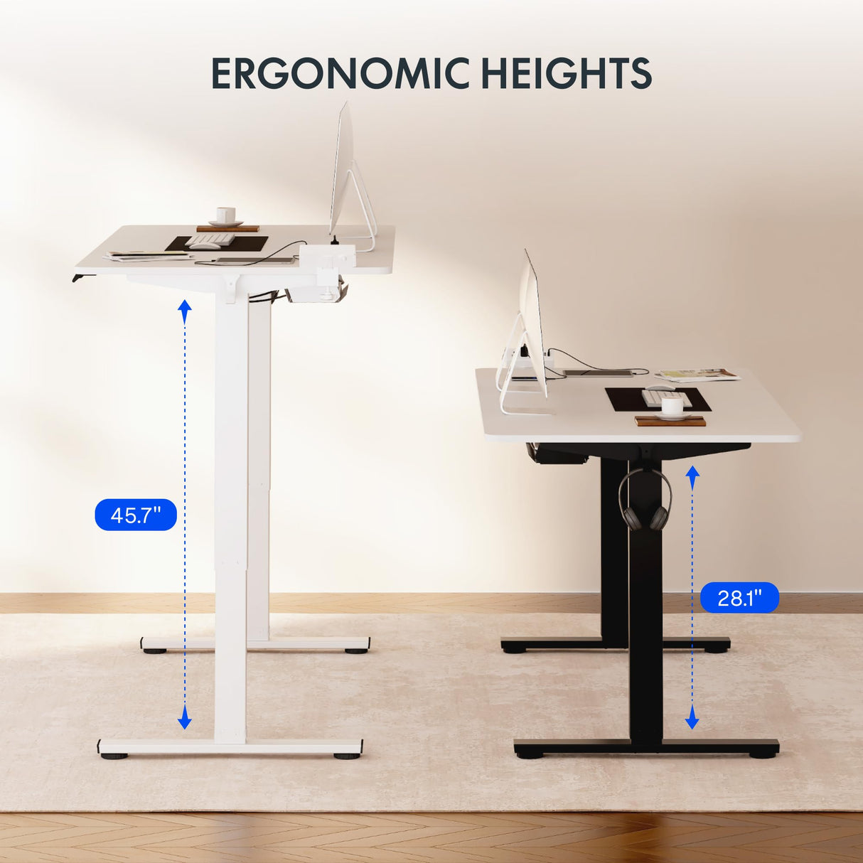FLEXISPOT EN2 Whole-Piece Standing Desk with Clamp Power Strip, 55 x 28 Electric Stand Up Height Adjustable Desk with Cable Management (White Frame + 55" White Top,2 Packages) FLEXISPOT