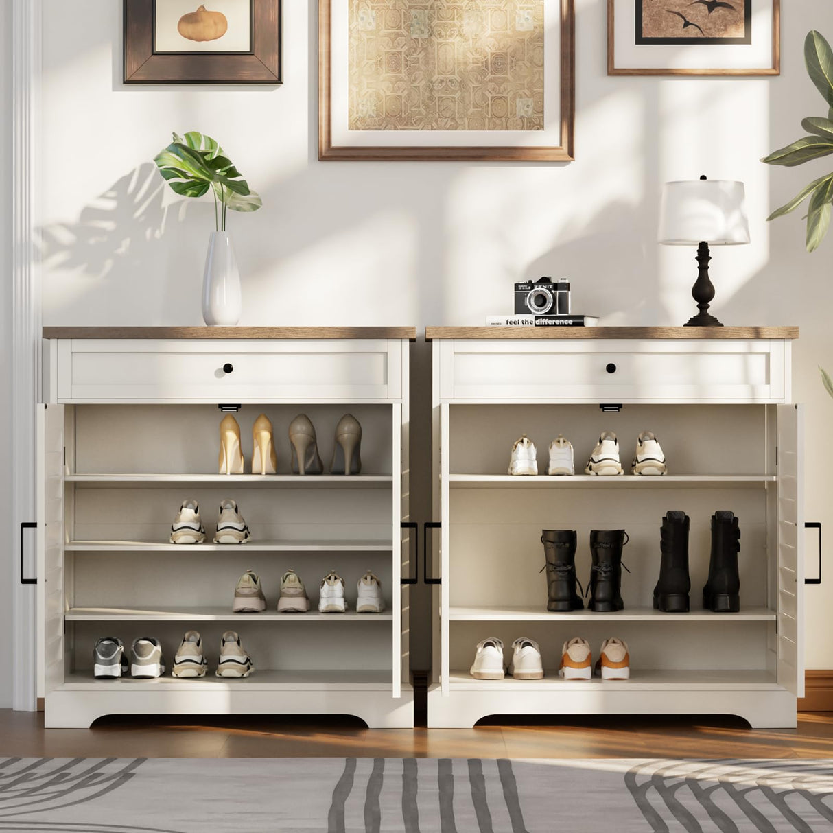 ChooChoo Farmhouse Shoe Cabinet with Doors, 4-Tier Shoe Storage Cabinet with Drawer and Shelves, Wooden Shoe Rack Organizer for Entryway, Hallway, Closet, Soft White & Brown ChooChoo