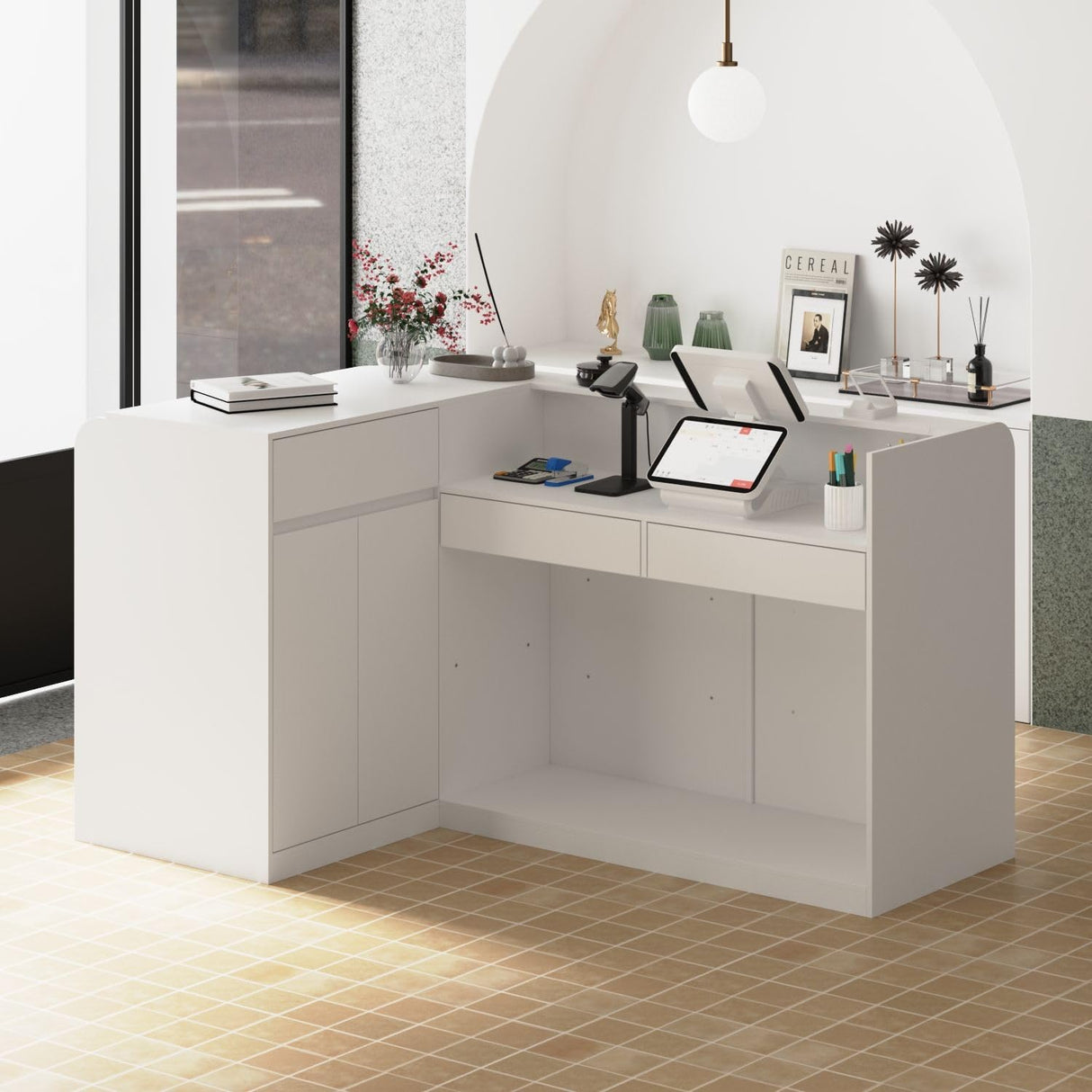 FAMAPY L-Shaped Reception Desk with 3 Drawers & Open Shelves, Retail Counter Front Desk Reception Counter with Cabinet, Countertop, for Shop Bar White 70.9”W x 47.2”D x 39.4”H FAMAPY