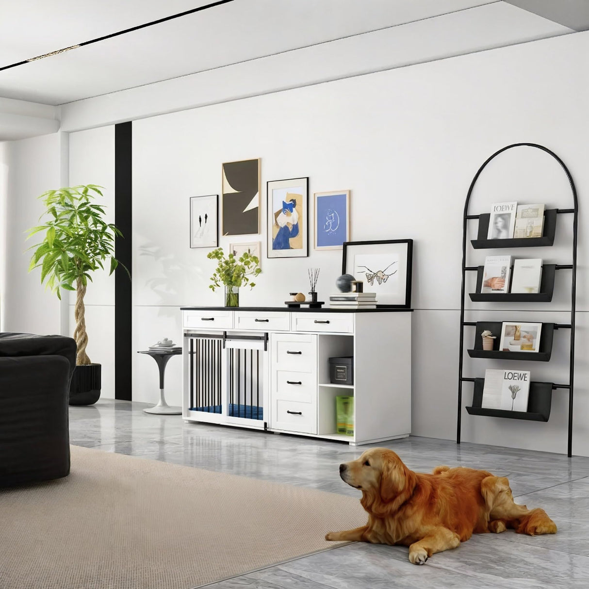 Lovinouse Large Dog Crate Furniture, 67" Wooden Dog Crates Kennel Furniture with Sliding Door, Storage Shelves and Drawers for Small, Medium and Large Dog, White+Black Tablet Lovinouse