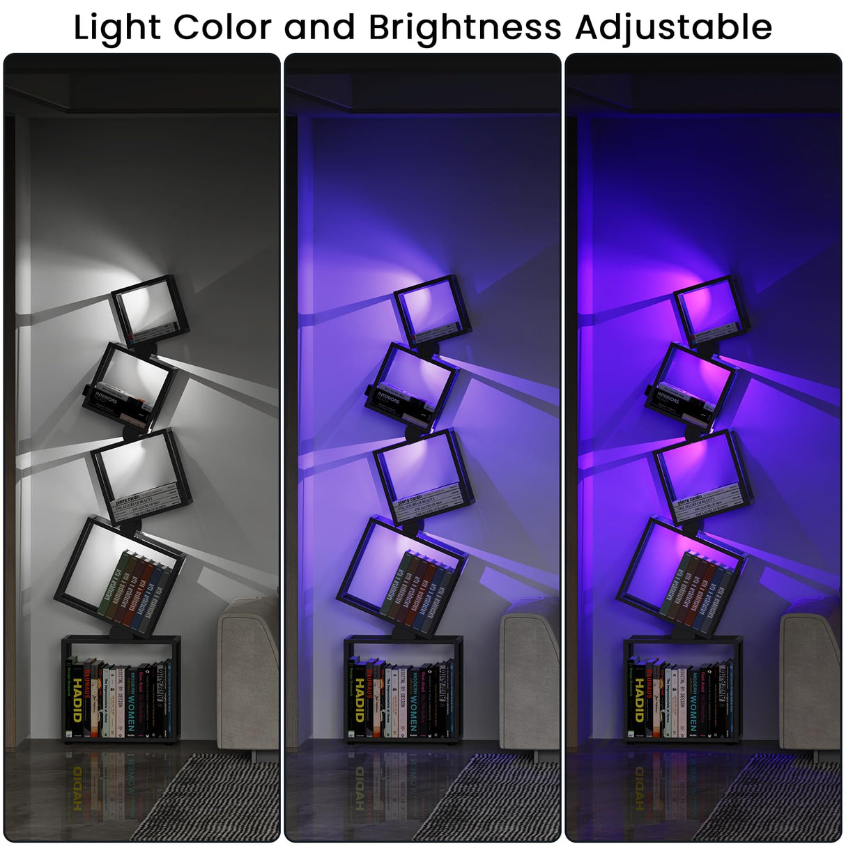 sugitek 5-Tier Skinny Bookshelf with Unique Geometric Design - Modern Metal Bookcase with LED Lights, Space-Saving Narrow Organizer for Living Room, Bedroom, Office, Corner- Black sugitek