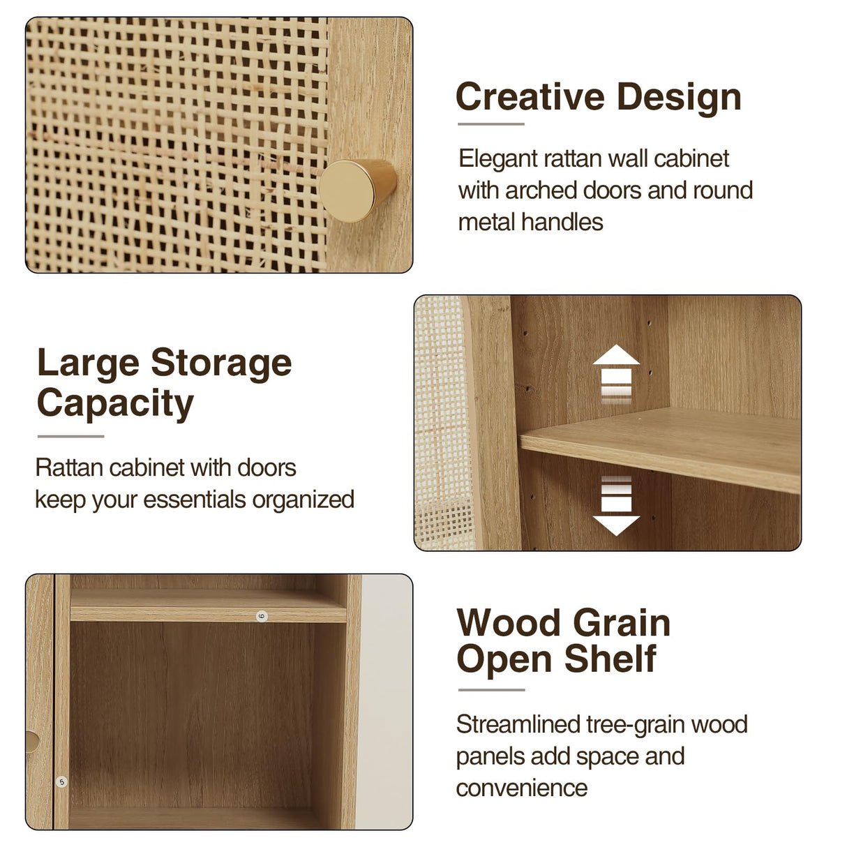 Rattan Bathroom Wall Cabinet, Boho Medicine Wall Cabinet with Double Doors and Adjustable Shelves, Tall Kitchen Wall Mounted Storage Cabinet, Floating Space Saver Over Toilet, Natural FiveWillowise