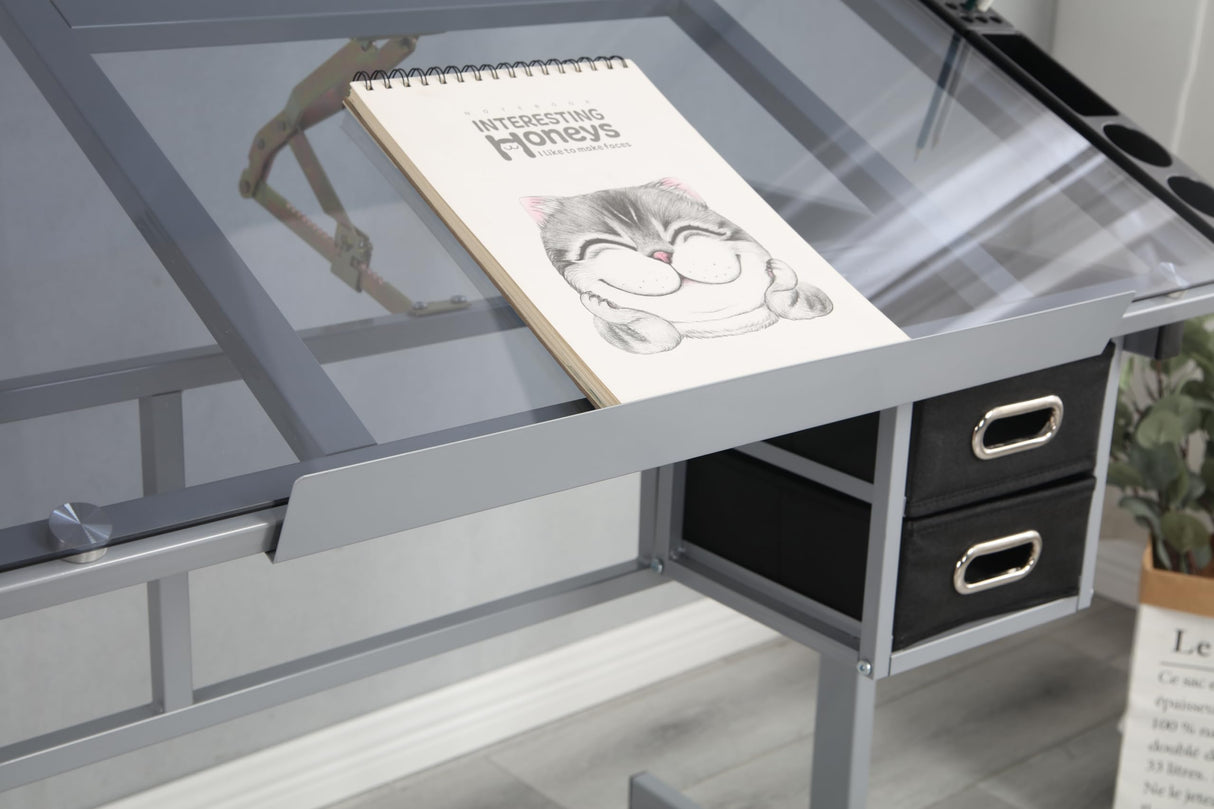 Drafting Table, Height Adjustable Drawing Table, Multifunctional Art Craft Paintings Work Station w/2 Storage Drawers Artists Desk Tilting Glass Tabletop for Home Office, Silver Grey Gaderth