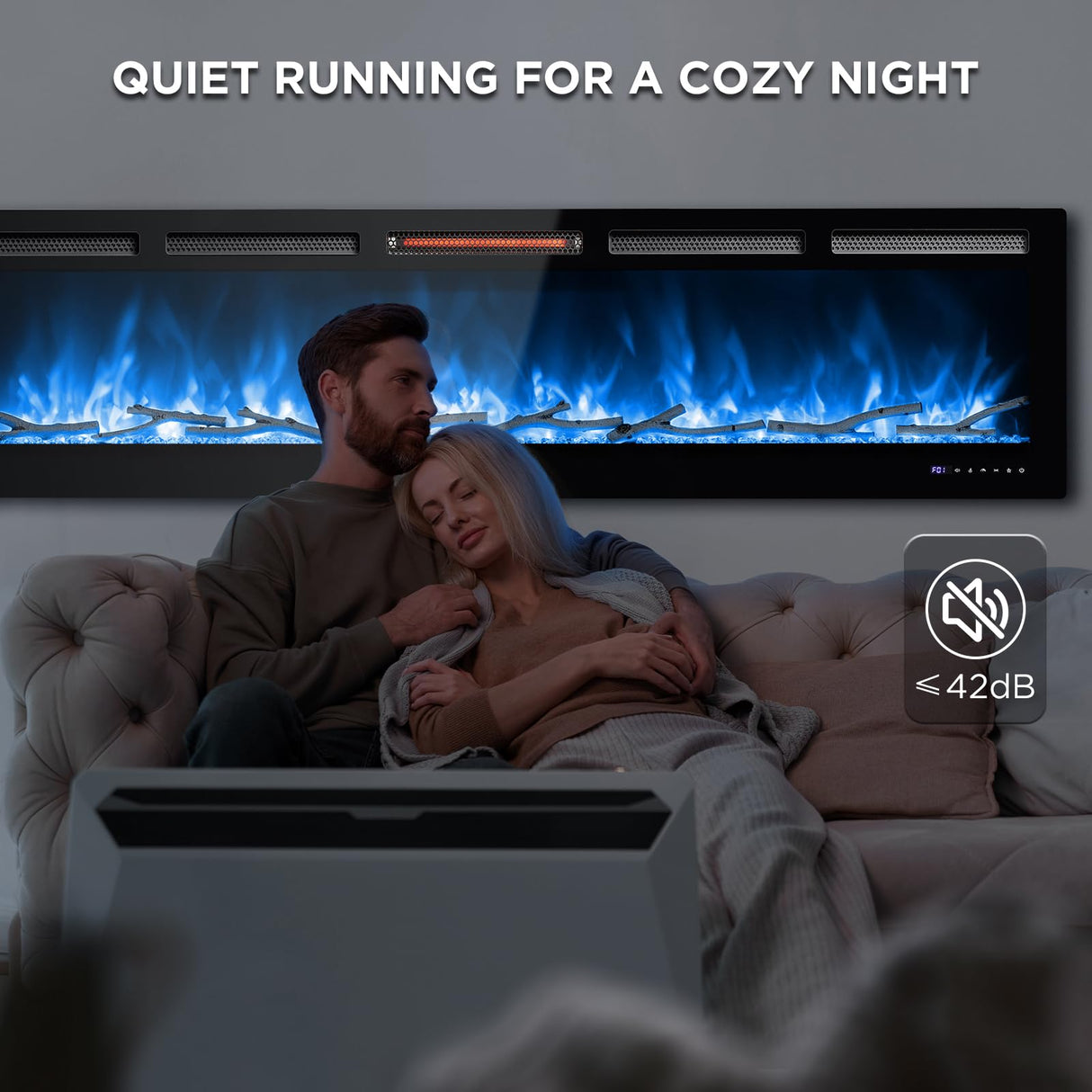 TURBRO 72” Smart WiFi Infrared Electric Fireplace with Sound Crackling and Realistic Flame, 1500W Quartz Heater, Recessed or Wall Mounted, Adjustable Flame Effects, Remote Control and App, in Flames TURBRO