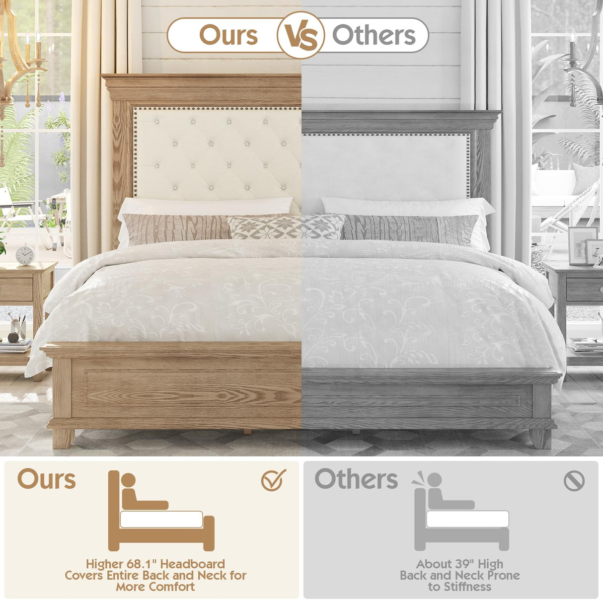 YUMPIE Rustic Solid Wood King Bed Frame with 68" Tall Headboard, Chenille Upholstered Farmhouse Panel Platform Bed Mattress Frame, Button Tufted/Antique Brass Nail Trim/No Box Spring Needed, Milk Ash YUMPIE