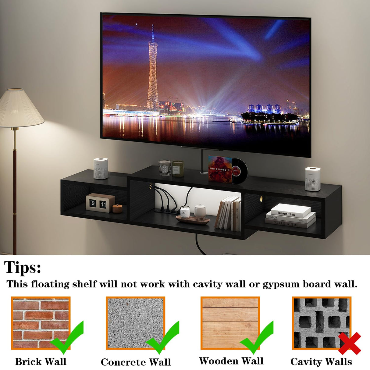 IBUYKE 59" Floating TV Stand Wall Mounted with Power Outlet,Wood Wall Mounted Media Console Shelf,Floating Entertainment Center for Under TV Storage for Living Room Bedroom Office,Black WST007B IBUYKE