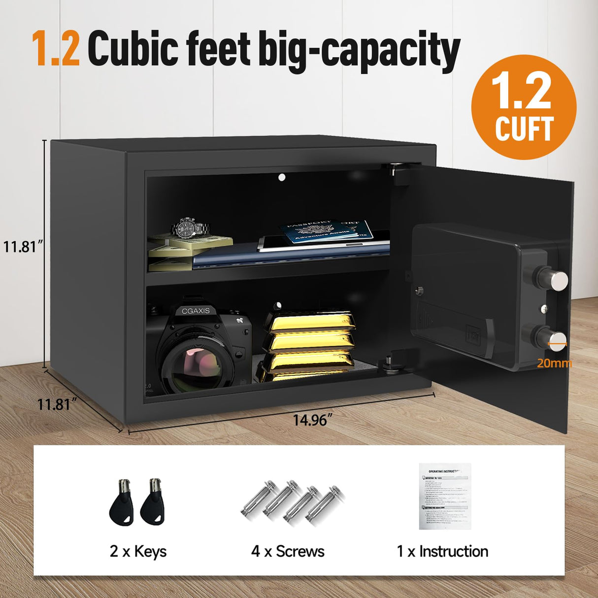 <1.2 cu.ft.>Goldenkey Steel Home Safe Box with Electronic Keypad, Document Safe with Removable Shelf, Personal Safe Box Perfect for Guns, Laptop for Office, Hotel, 11.81"D x 14.96"W x 11.81"H GOLDENKEY
