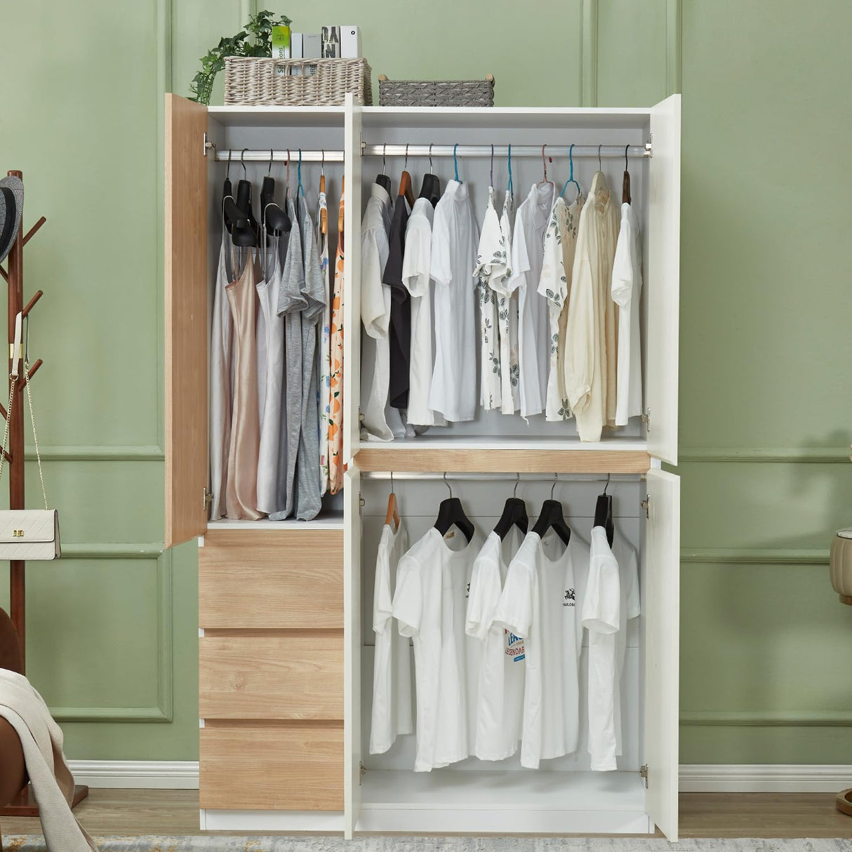 Sophshelter Armoire Wardrobe Closet Wood, 3 Door 3 Drawers White Closet Wardrobe for High Storage Capacity, Tall Cabinet Closet with 3 Hanging Rod 47.3" L x 20.3" W x 72" H Sophshelter