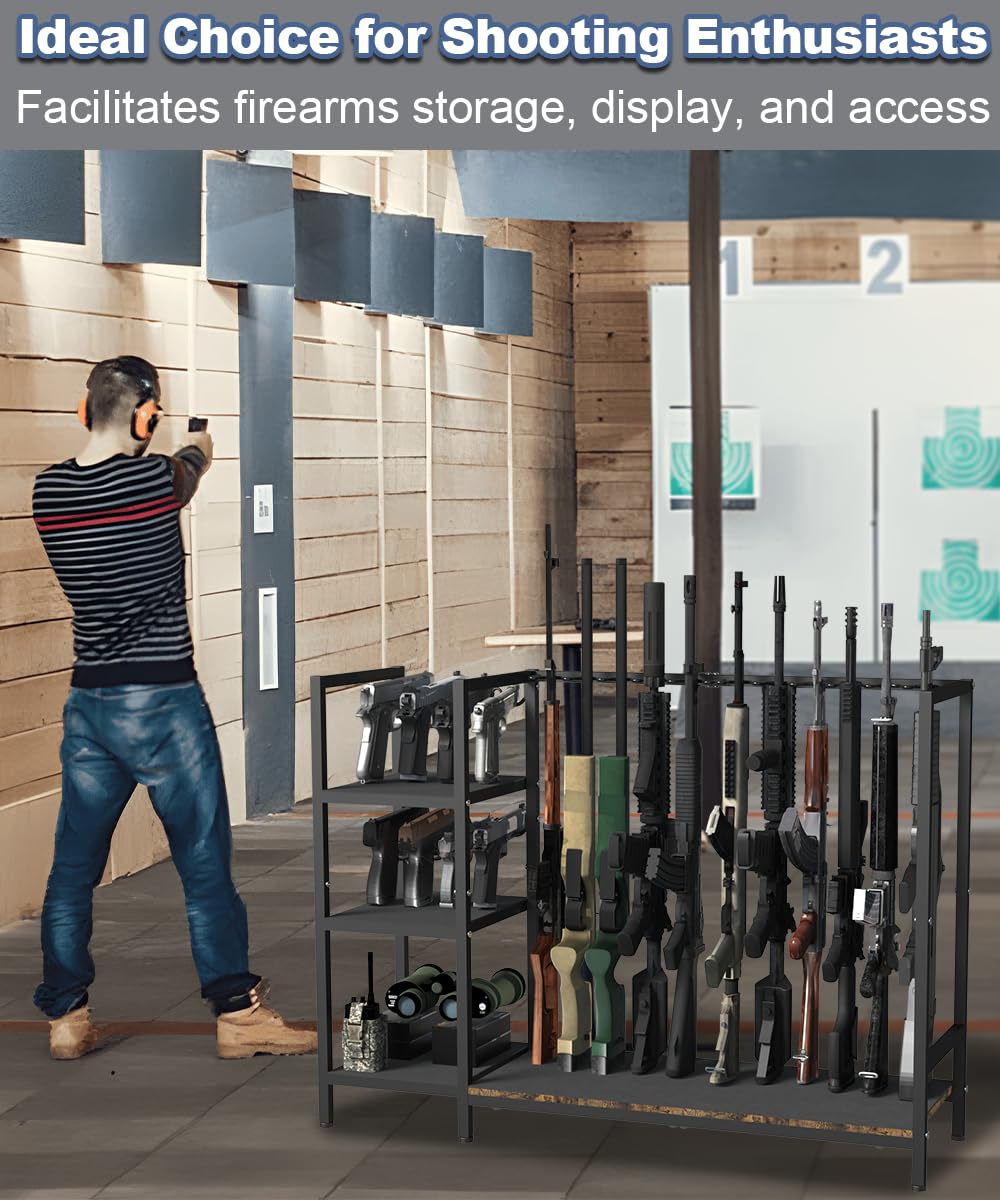 Mondazie Gun Rack, Floor Standing Rifle Stand with Pistol Shelves, Vertical Shotgun Storage Holder Display Racks Indoor with Padding for Home or Garage, Hold up to 11 Long Guns and 8 Handguns, Black Mondazie