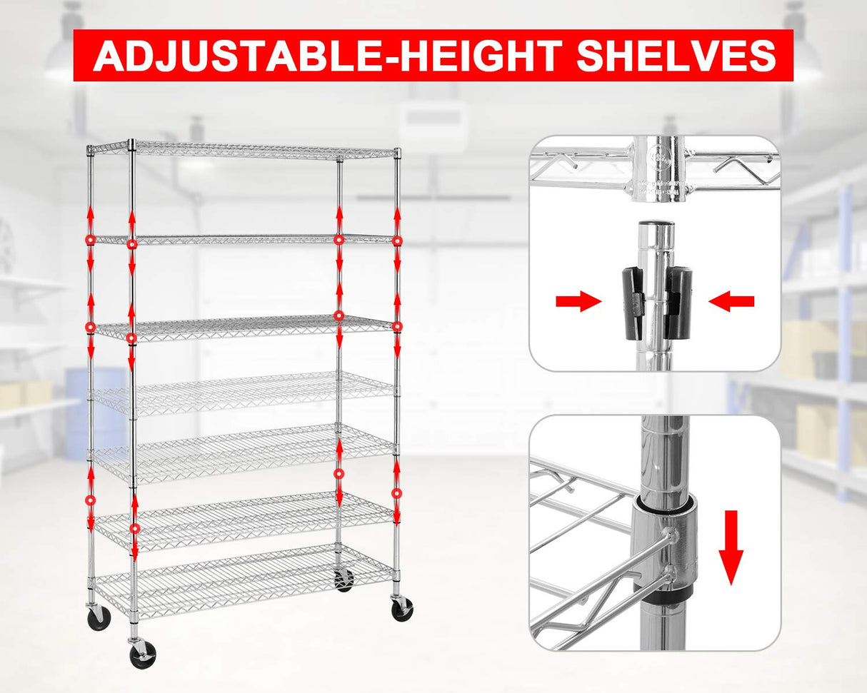 FDW 48 inch L×18 inch W×76 inch H Wire Shelving Unit Metal Shelf with 6 Tier Casters Adjustable Layer Rack Strong Steel for Restaurant Garage Pantry Kitchen Garage, Chrome FDW