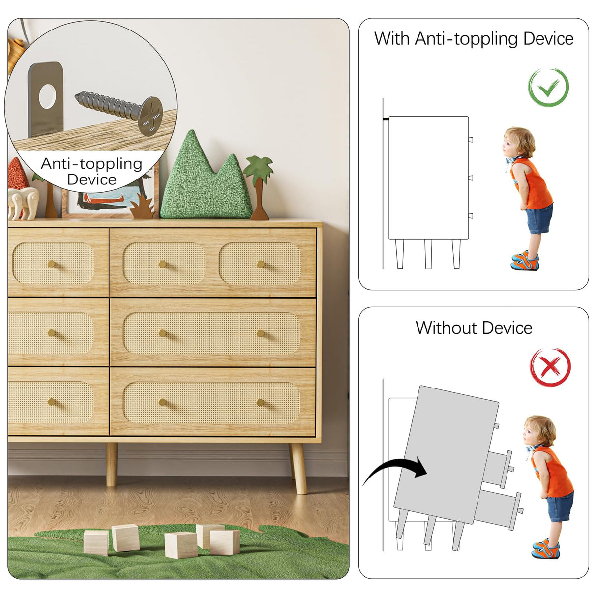 Wananlanen Rattan 6 Drawer Dresser for Bedroom, Wood Boho Double Chest of Drawers with Storage and Gold Handle, Modern Natural Rattan Dresser for Living Room, Kids Bedroom, Hallway, Entryway Wananlanen