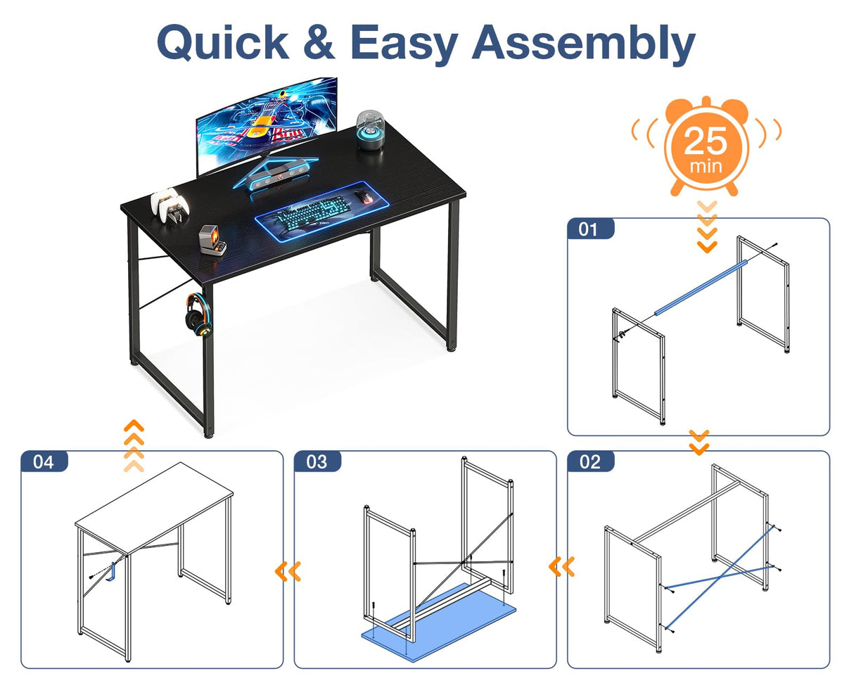 Casaottima 40 Inch Small Computer Desk for Home Office, Study Writing Table for Small Spaces, Simple Modern Desk with Headphone Hooks, Black Casaottima