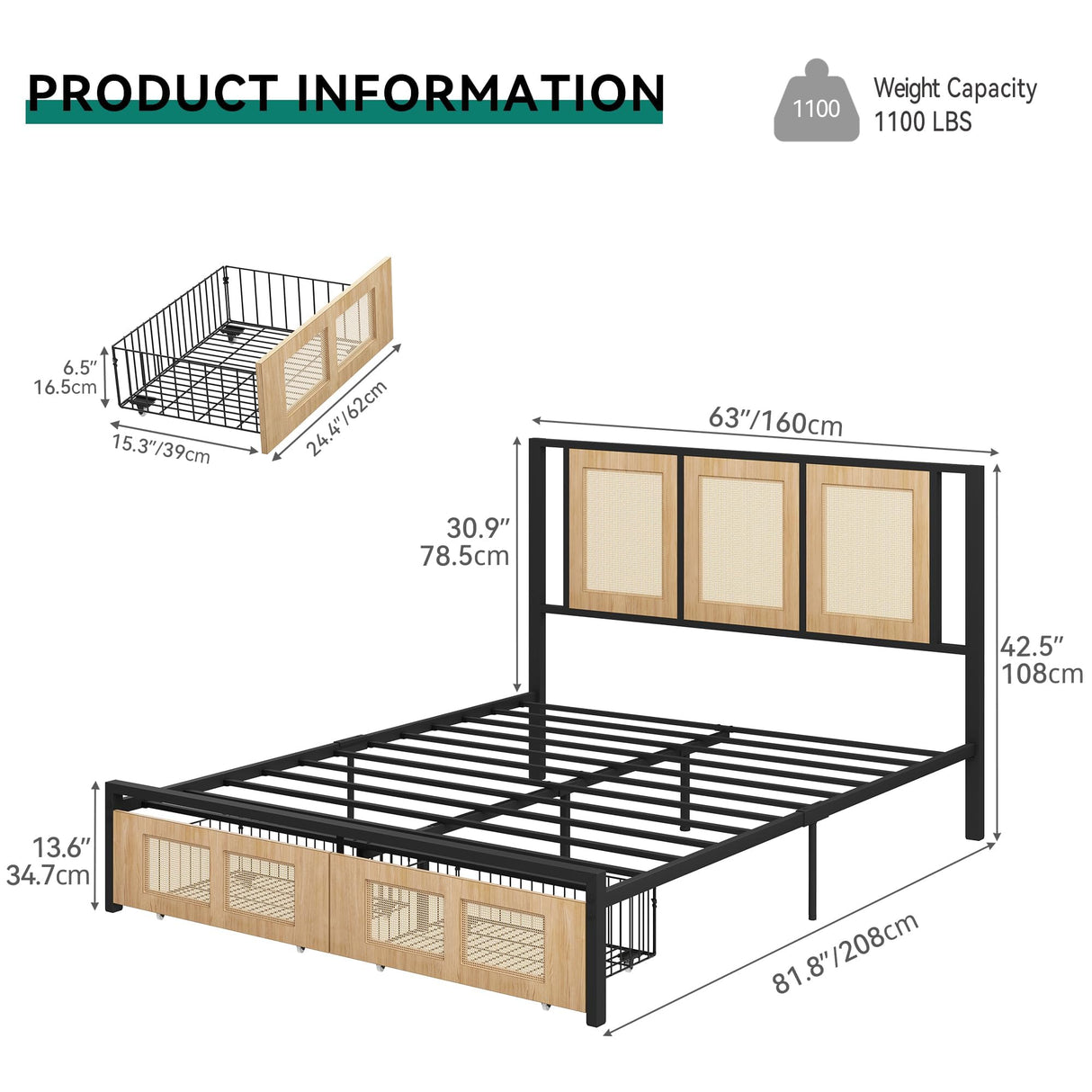 YITAHOME Natural Rattan Bed Frame Queen Size Headboard & Footboard with 2 Storage Drawers, Boho Cane Platform Bed with Strong Metal Slat, Noise Free, No Box Spring Needed YITAHOME