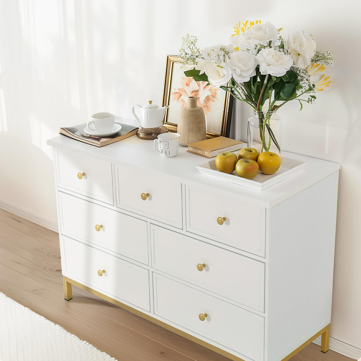 Pamapic Modern 7-Drawer White Dresser,47" White Wooden Dresser for Bedroom, Storage Organizer with Deep Drawers & Metal Handles for Bedroom, Entryway, Hallway Pamapic
