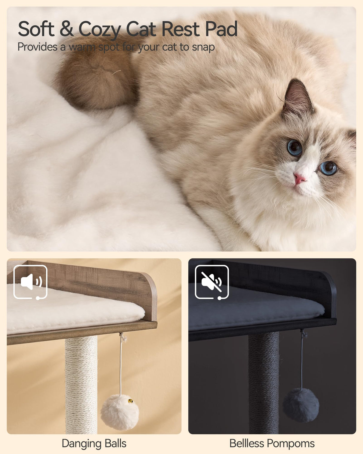 FourFurPets 43.7" Cat Tree, Modern Cat Tree Tower, Cat Tower for Indoor Cats Large Adult, Cat Condo with Scratching Post, Large Perch and Removable Pads, Greige FourFurPets