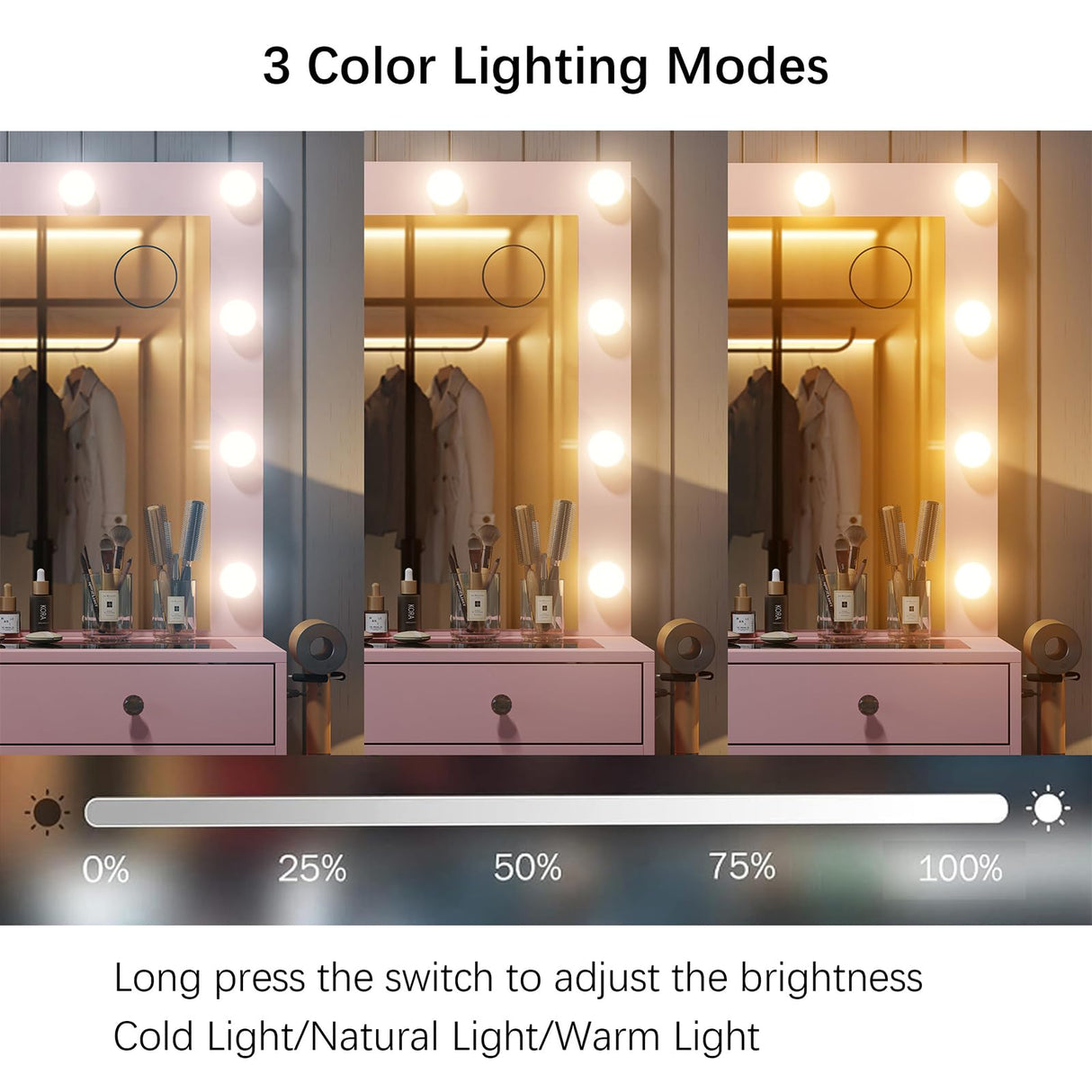 FUSOU Vanity Desk with Power Outlet, Makeup Vanity with Mirror and 12 LED Lights, 3 Lighting Modes, 11 Drawers Vanity Table with Chair, Glass Top, Vanity Set for Bedroom, Pink FUSOU