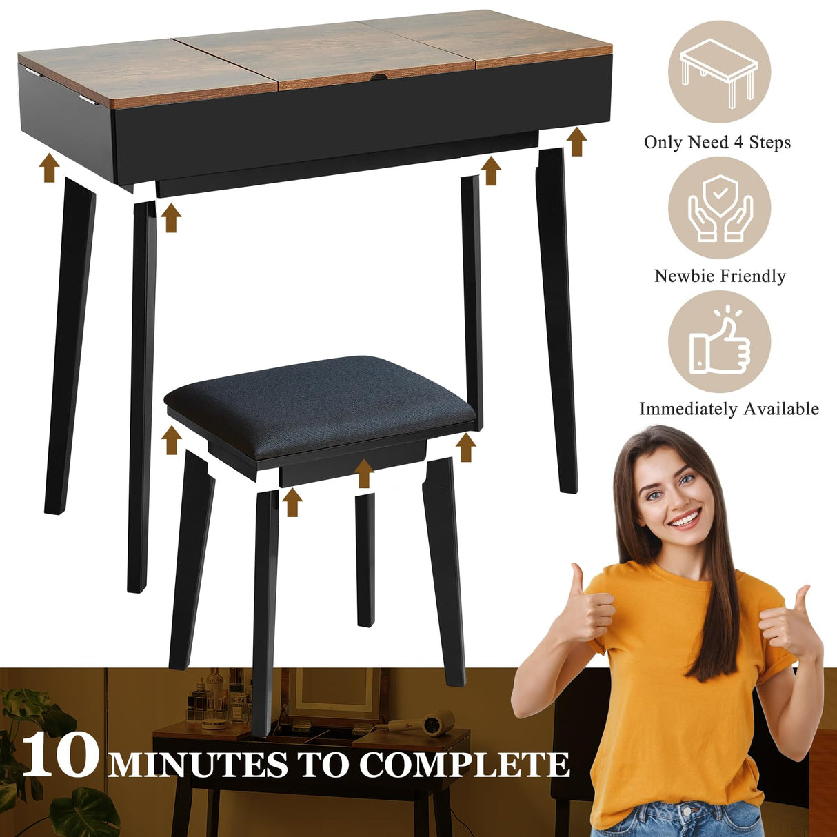 JanflyHome Vanity Desk, Flip Top Makeup Vanity Table with Power Outlet, Makeup Vanity Desk with Mirror & LED Light, Rustic Vanity Set with Cushioning Stool, Vintage Vanity for Bedroom, Black Brown JanflyHome