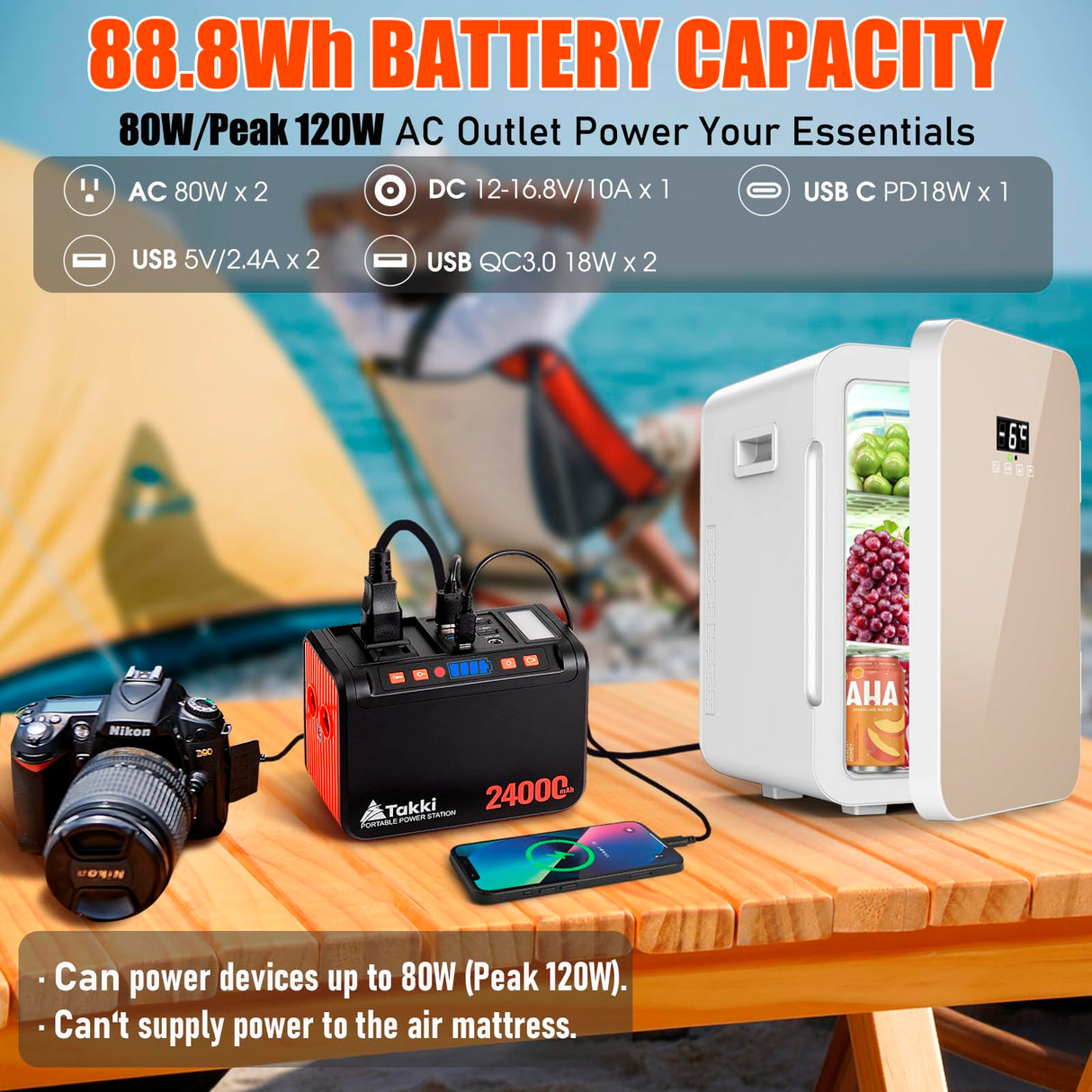 Takki Portable Power Station 88Wh Solar Generator Power Bank with 110V AC DC USB Ports LED Flashlight for Camping Home Emergency Power Backup(Solar Panel Not Included) Takki
