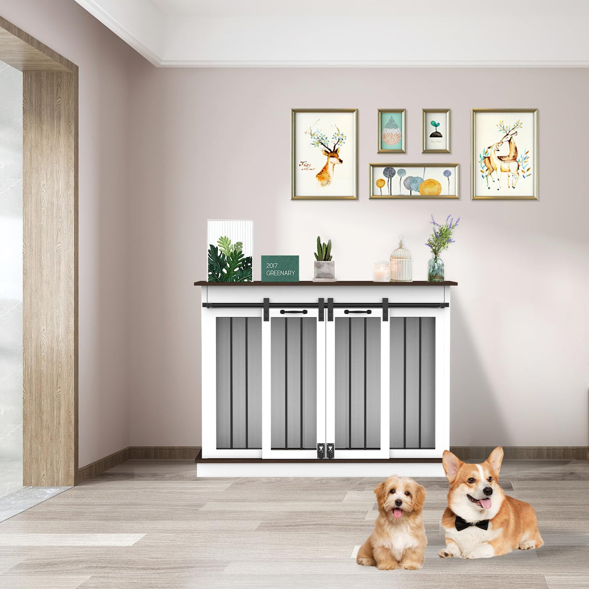 RQZ Double Dog Crate Furniture for 2 Dogs Heavy Duty Wood Dog Cage Table with 2 Sliding Doors and Removable Divider Large Wooden Dog Kennel Indoor for Medium Large Dogs (46.4" L x 23.4" W x 35.0" H) RQZ