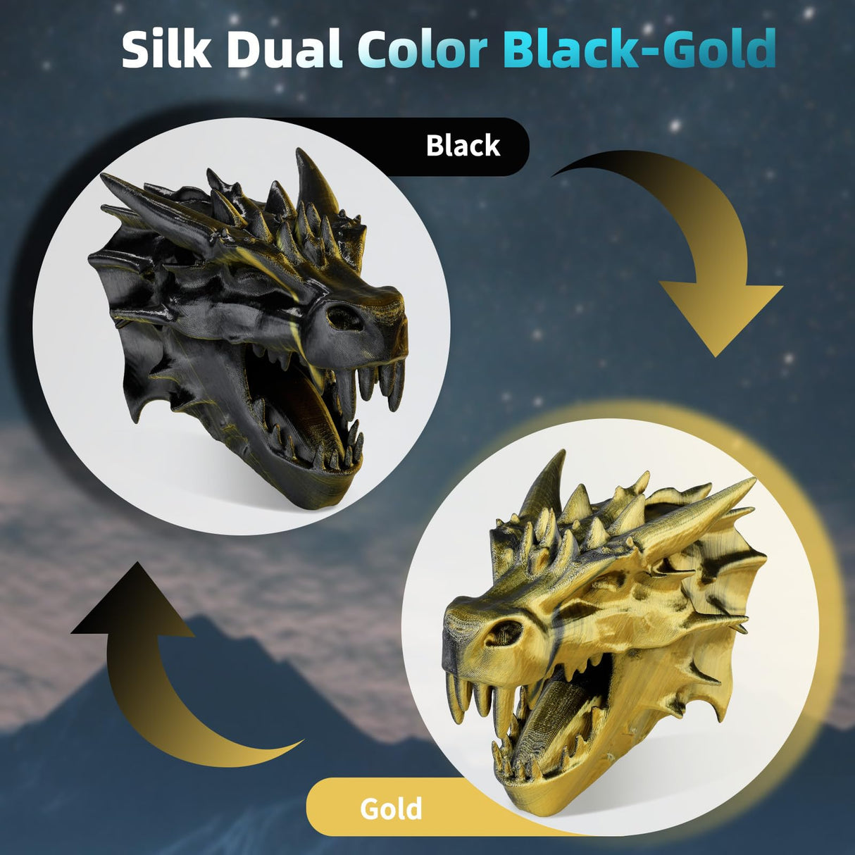 AICOPYTO Dual Color Silk PLA 3D Printer Filament 1.75mm,Dual Color 2-in-1 Gold-Black Silk Filament 1KG Spool (2.2lbs) Dimensional Accuracy Probability +/- 0.02mm Fit Most FDM 3D Printers, Black-Gold AICOPYTO