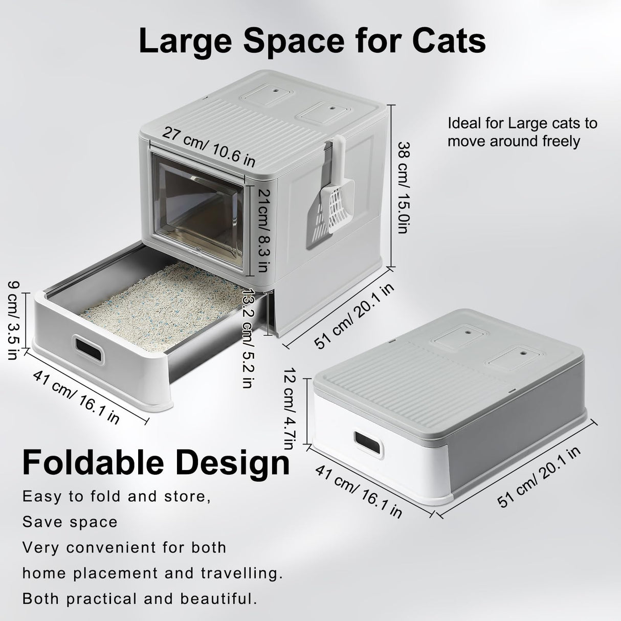 Marchul Enclosed Stainless Steel Cat Litter Box with Lid & Drawer Design, XL Extra Large for Indoor Cats, Metal Covered Cat Litter Box, Baffles for Anti-Leakag, with Litter Scoop & Litter Mat Marchul
