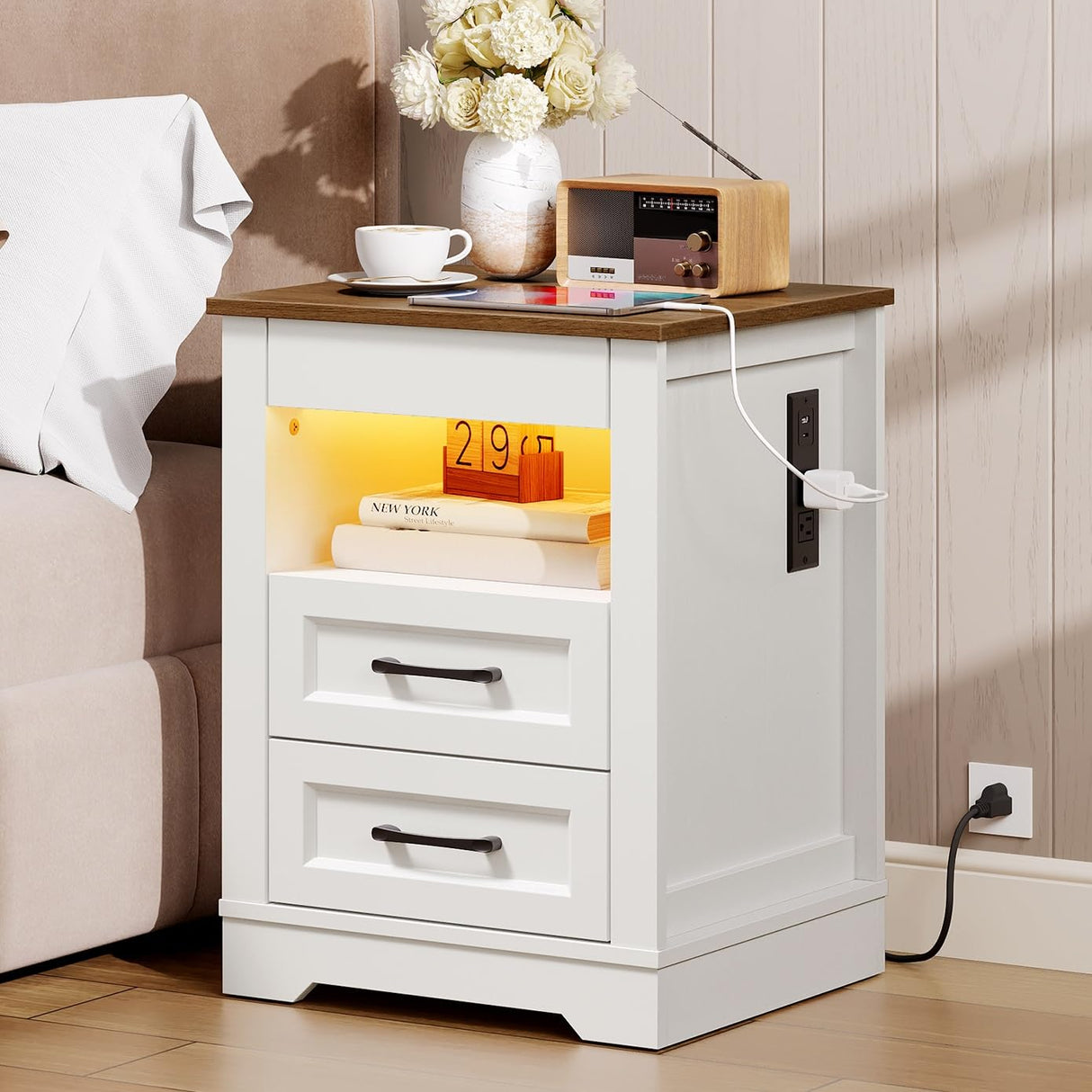 RALGEND Farmhouse Nightstand with Gun Drawer, Bedside Table with Charging Station and LED Light, Night Stand with 3 Drawers, End Table for Bedroom, Living Room, White and Walnut RALGEND